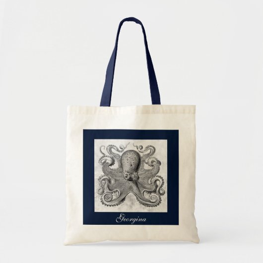 Aangepaste naam Navy Blue & Grey Ocean Octopus Tote Bag (Voorkant)