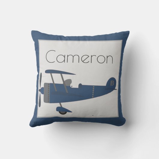 Aangepaste naam Navy Blue  Plane Boy op Blue Kussen (Achterkant)