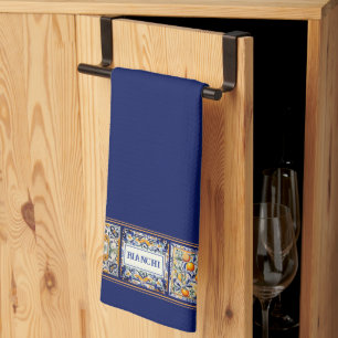 Aangepaste Naam Navy Blue & Yellow Mediterranean T Theedoek