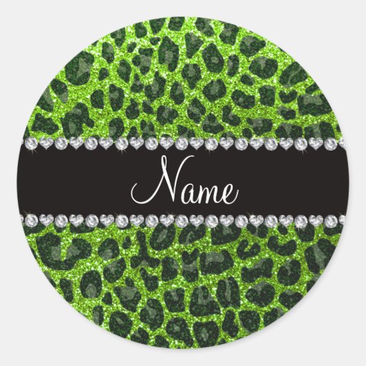Aangepaste naam neon green glitter leopard print ronde sticker (Voorkant)