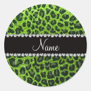 Aangepaste naam neon green glitter leopard print ronde sticker