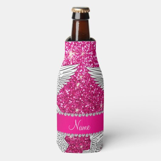 Aangepaste naam neon hot roze glitter angel wings flesjeskoeler (Fles Voorkant)