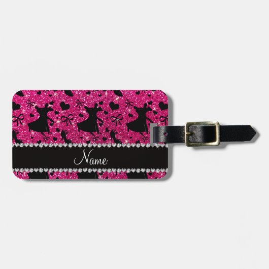 Aangepaste naam neon hot roze glitter ballroom dan bagagelabel (Voorkant horizontaal)