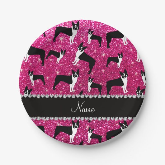 Aangepaste naam neon hot-roze glitter boston shist papieren bordje (Voorkant)