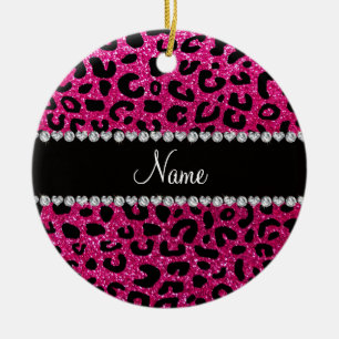 Aangepaste naam neon hot roze glitter cheetah prin keramisch ornament