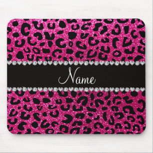 Aangepaste naam neon hot roze glitter cheetah prin muismat