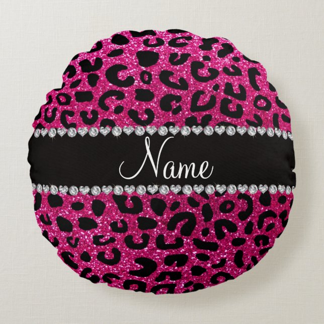 Aangepaste naam neon hot roze glitter cheetah prin rond kussen (Voorkant)