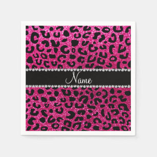 Aangepaste naam neon hot roze glitter cheetah prin servet