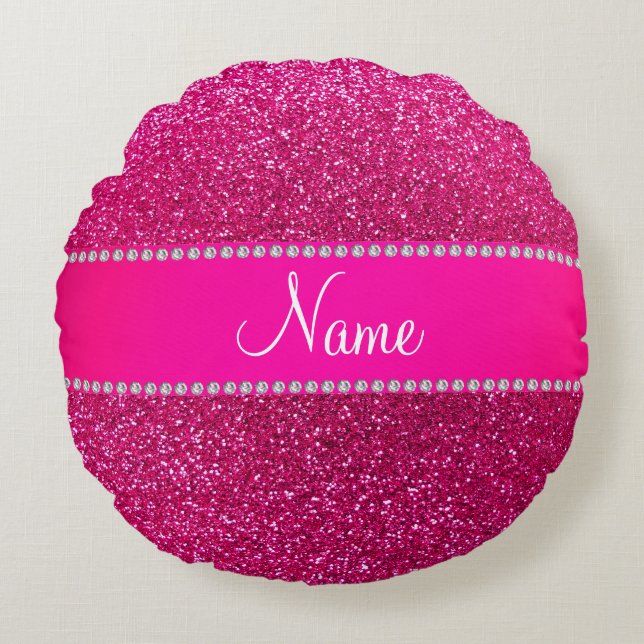 Aangepaste naam neon hot roze glitter hot roze str rond kussen (Voorkant)