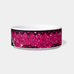 Aangepaste naam neon hot roze glitter kant voerbakje