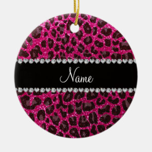 Aangepaste naam neon hot roze glitter leopard prin keramisch ornament
