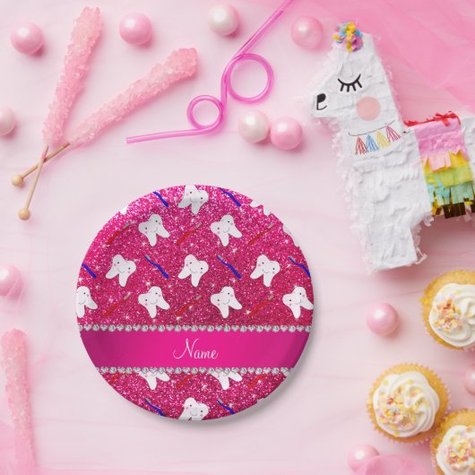 Aangepaste naam neon hot-roze glitter penseeltttan papieren bordje (Feest)