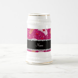 Aangepaste naam neon hot-roze glitter verpleegster bierpul