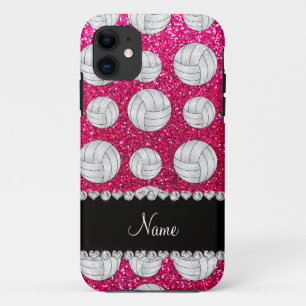 Aangepaste naam neon hot roze glitter volleyballen iPhone 11 hoesje