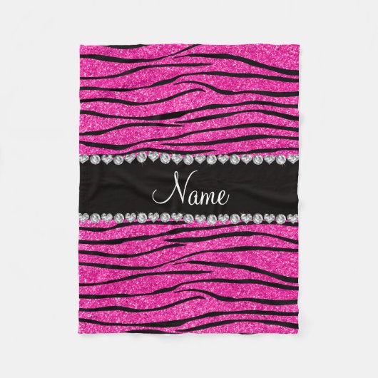 Aangepaste naam neon hot roze glitter zebra diaman fleece deken (Voorkant)