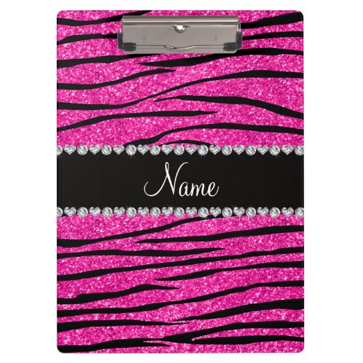 Aangepaste naam neon hot roze glitter zebra diaman klembord (Voorkant)