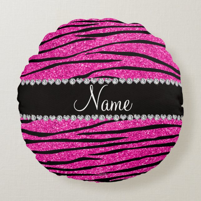 Aangepaste naam neon hot roze glitter zebra diaman rond kussen (Voorkant)