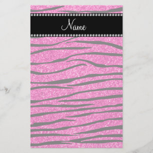 Aangepaste naam neon hot roze glitter zebra strepe briefpapier