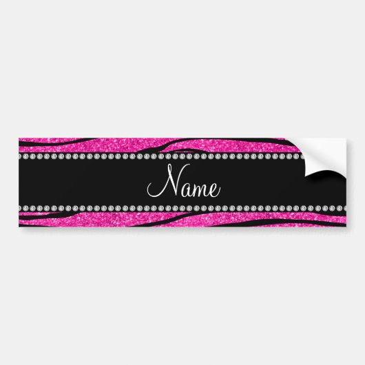 Aangepaste naam neon hot roze glitter zebra strepe bumpersticker (Voorkant)