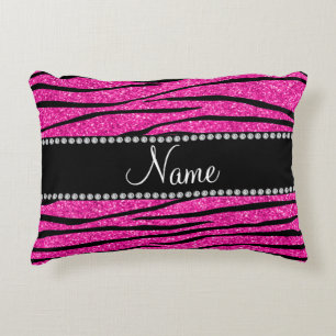 Aangepaste naam neon hot roze glitter zebra strepe decoratief kussen