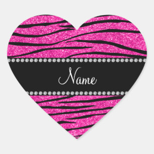 Aangepaste naam neon hot roze glitter zebra strepe hart sticker