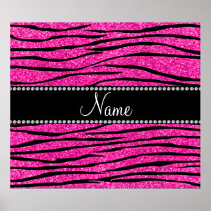 Aangepaste naam neon hot roze glitter zebra strepe poster