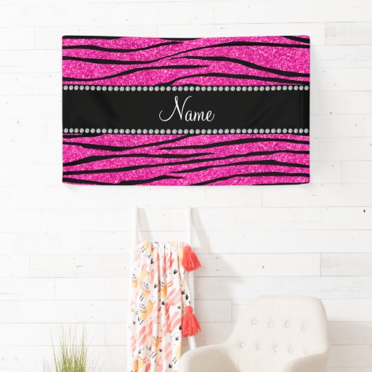 Aangepaste naam neon hot roze glitter zebra strepe spandoek (Insitu)