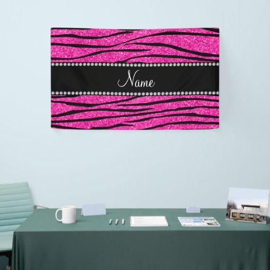 Aangepaste naam neon hot roze glitter zebra strepe spandoek (Beurs)