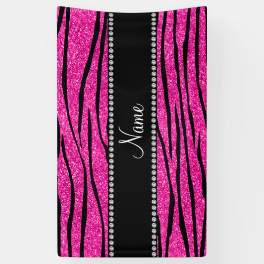 Aangepaste naam neon hot roze glitter zebra strepe spandoek (Verticaal)