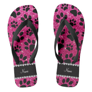 Aangepaste naam neon hot roze glitter zwarte hondj teenslippers