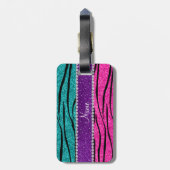 Aangepaste naam neon hot roze turquoise zebra stri bagagelabel (Achterkant verticaal)