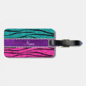 Aangepaste naam neon hot roze turquoise zebra stri bagagelabel (Achterkant horizontaal)