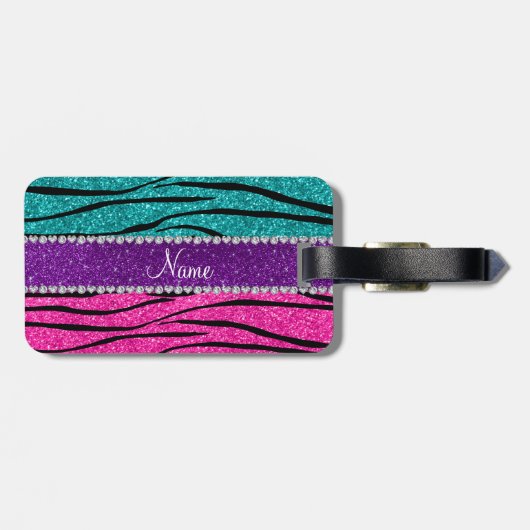 Aangepaste naam neon hot roze turquoise zebra stri bagagelabel (Achterkant horizontaal)
