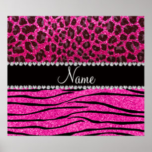 Aangepaste naam neon hot-roze zebrastrepen leopard poster