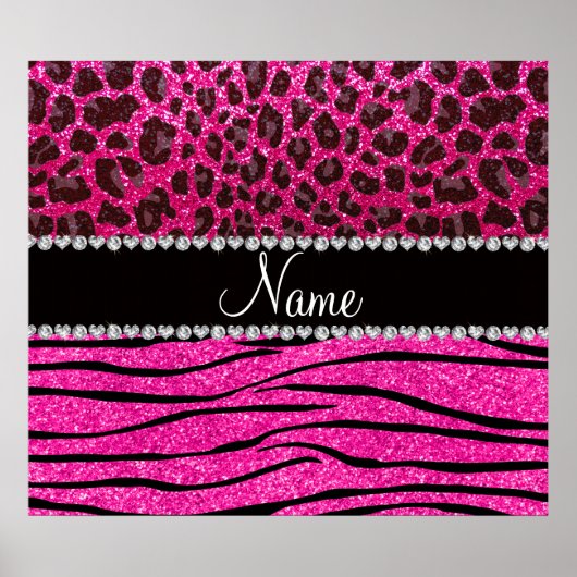 Aangepaste naam neon hot-roze zebrastrepen leopard poster (Voorkant)