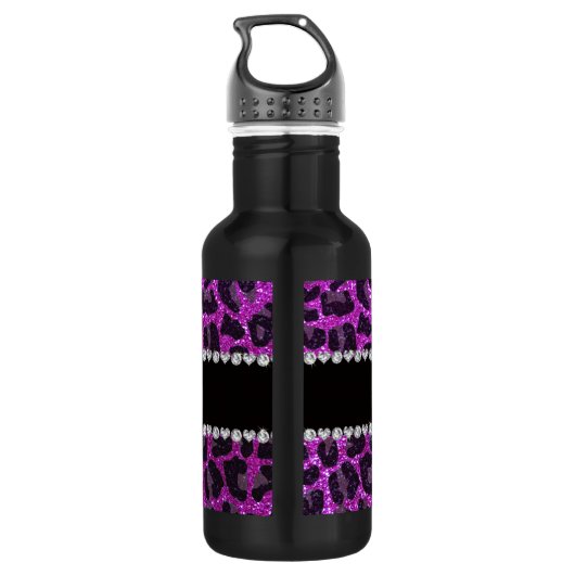 Aangepaste naam neon paarse glitter leopard print waterfles (Achterkant)
