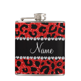 Aangepaste naam neon red glitter cheetah print heupfles