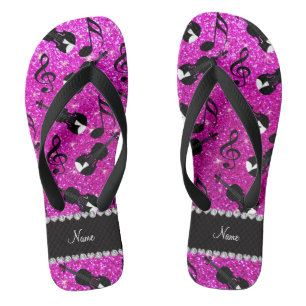 Aangepaste naam neon roze glitter violet muzieknot teenslippers
