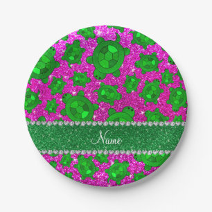 Aangepaste naam neon roze glitter zee schildpadden papieren bordje