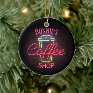 Aangepaste naam neonstijl Koffie kopen Aangepast Keramisch Ornament