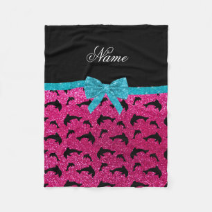Aangepaste naam non hot roze glitter dolphins bow fleece deken
