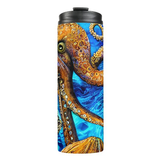Aangepaste naam Octopus Blue Ocean Wave Minimalism Thermosbeker (Voorkant)