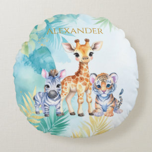 Aangepaste Naam Oerwoud Baby Zebra Giraffe en Tijg Rond Kussen