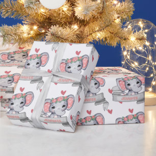Aangepaste naam Olifant Baby Meisje Hart Patroon Cadeaupapier