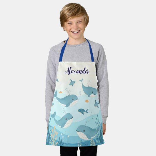Aangepaste Naam Onder het Zee Whales & Fish Kinder Schort (Gedragen)