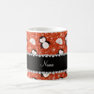 Aangepaste naam oranje glitterpinguïns igloos koffiemok