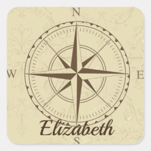 Aangepaste naam Oude Nautical Compass Map Brown St Vierkante Sticker