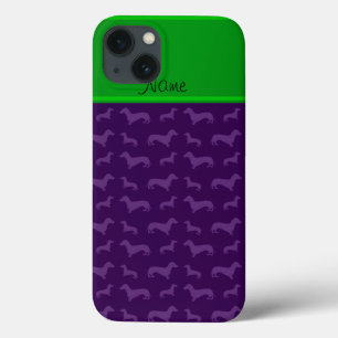 Aangepaste naam paarse dachshund groene streep iPhone 13 hoesje