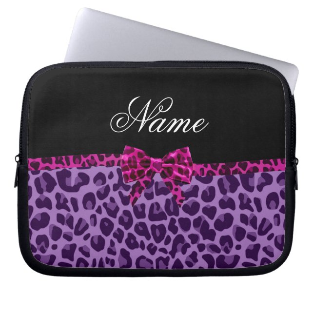 Aangepaste naam paarse leopard afdrukroze boog laptop sleeve (Voorkant)