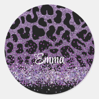 Aangepaste naam Paarse Leopard glitter Ronde Sticker